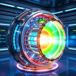 A highly detailed illustration of a spherical polywell fusion reactor, showcasing its intricate components and advanced technology
