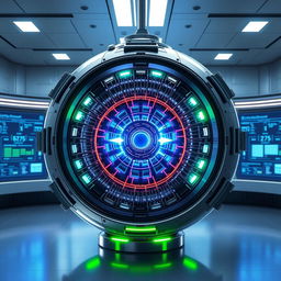 A highly detailed illustration of a spherical polywell fusion reactor, showcasing its intricate components and advanced technology