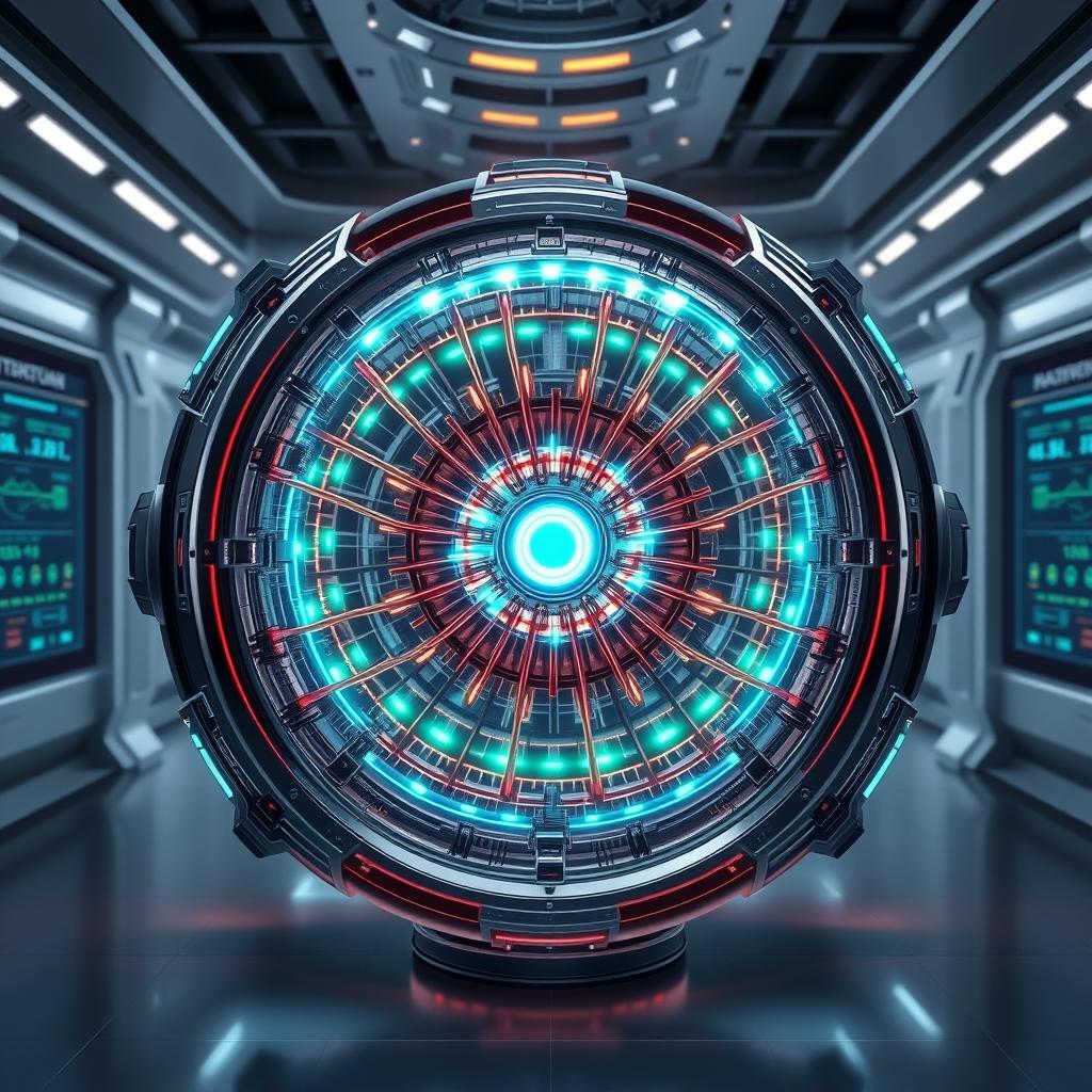 A highly detailed illustration of a spherical polywell fusion reactor, showcasing its intricate components and advanced technology