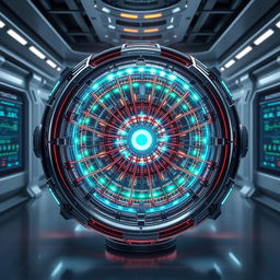 A highly detailed illustration of a spherical polywell fusion reactor, showcasing its intricate components and advanced technology