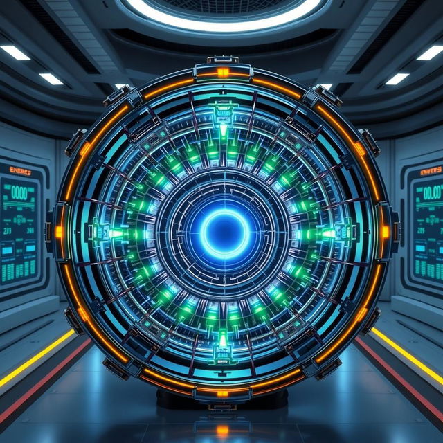 A highly detailed illustration of a spherical polywell fusion reactor, showcasing its intricate components and advanced technology