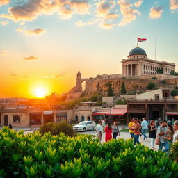 A vibrant and optimistic landscape of Syria, showcasing its stunning architecture with a blend of ancient ruins and modern buildings