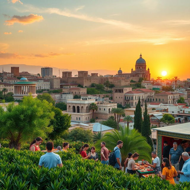 A vibrant and optimistic landscape of Syria, showcasing its stunning architecture with a blend of ancient ruins and modern buildings