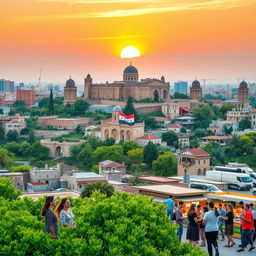 A vibrant and optimistic landscape of Syria, showcasing its stunning architecture with a blend of ancient ruins and modern buildings