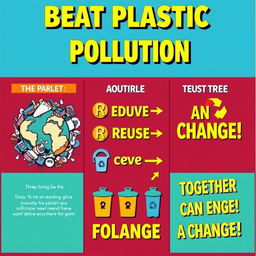 A vibrant poster titled 'Beat Plastic Pollution' divided into three clear sections