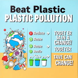 A vibrant poster titled 'Beat Plastic Pollution' divided into three clear sections