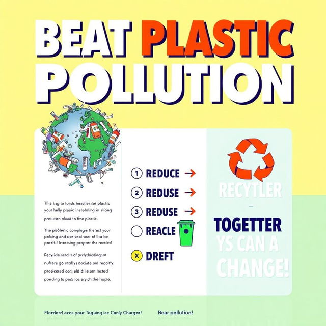 A vibrant poster titled 'Beat Plastic Pollution' divided into three clear sections