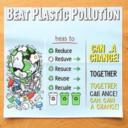 A vibrant poster titled 'Beat Plastic Pollution' divided into three clear sections