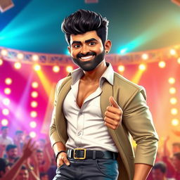 A highly detailed 3D illustration of Puneet Rajkumar, featuring a dynamic pose that captures his charismatic presence