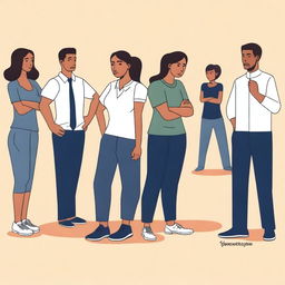 A simple, yet impactful vector art image showcasing teachers in a physical education class who are at a loss on how to support undocumented immigrant students