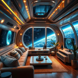 A cozy living room designed as a futuristic spaceship interior, with sleek metallic walls and ambient lighting