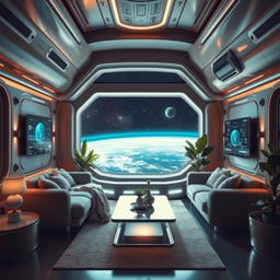A cozy living room designed as a futuristic spaceship interior, with sleek metallic walls and ambient lighting