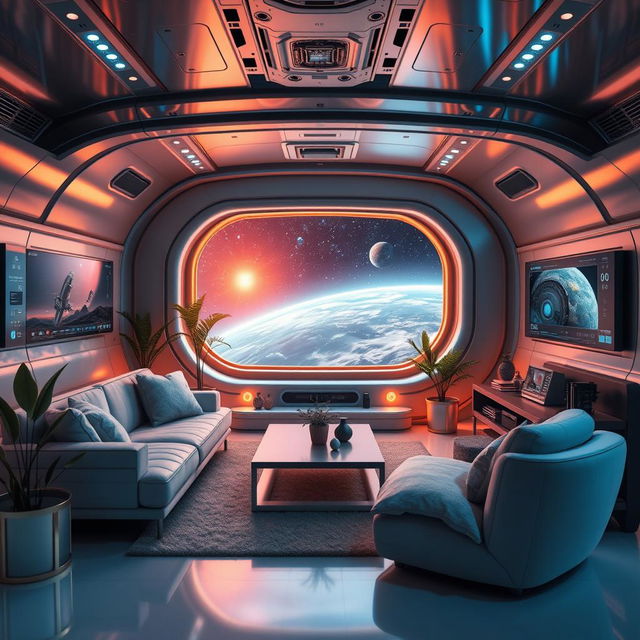 A cozy living room designed as a futuristic spaceship interior, with sleek metallic walls and ambient lighting