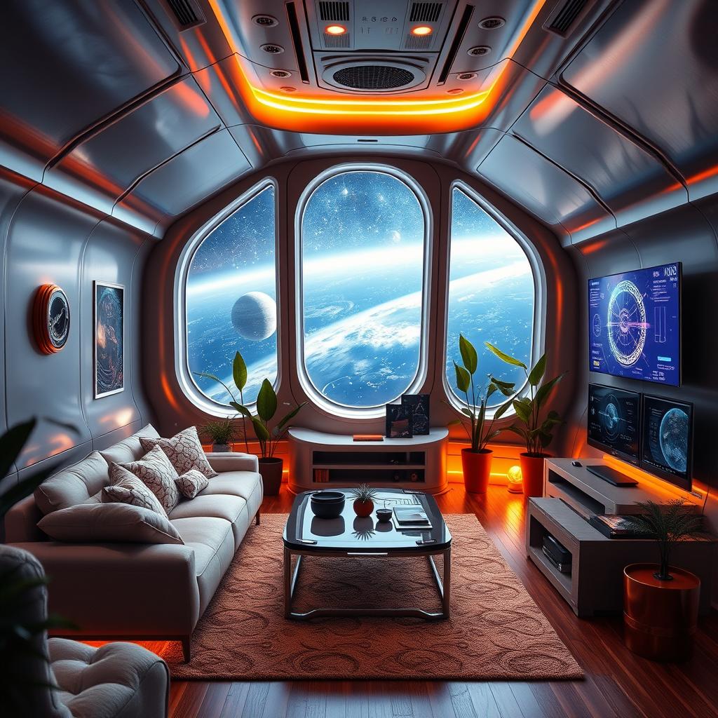 A cozy living room designed as a futuristic spaceship interior, with sleek metallic walls and ambient lighting