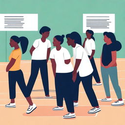 A simple, yet impactful vector art image showcasing teachers in a physical education class who are at a loss on how to support undocumented immigrant students