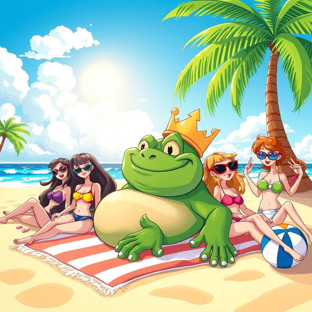 A cartoon-style illustration of King Wart (also known as Mamu) lying on a sunny beach surrounded by attractive girls in colorful swimsuits