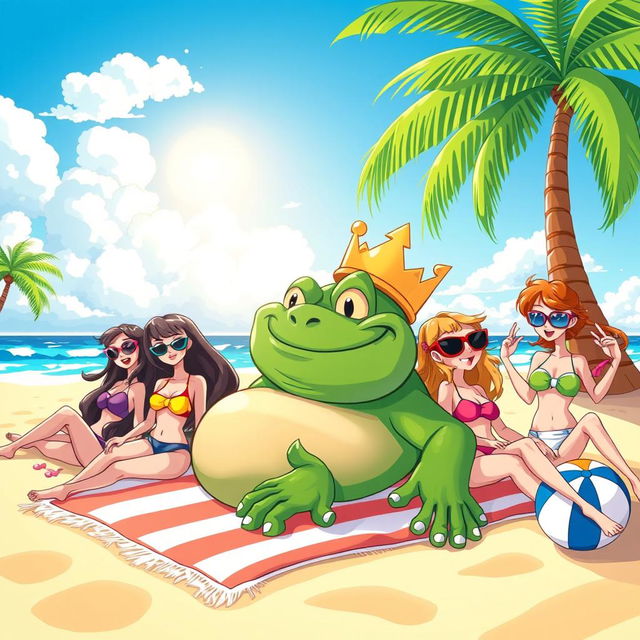 A cartoon-style illustration of King Wart (also known as Mamu) lying on a sunny beach surrounded by attractive girls in colorful swimsuits