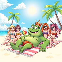 A cartoon-style illustration of King Wart (also known as Mamu) lying on a sunny beach surrounded by attractive girls in colorful swimsuits