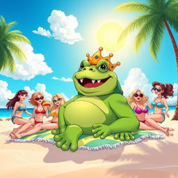 A cartoon-style illustration of King Wart (also known as Mamu) lying on a sunny beach surrounded by attractive girls in colorful swimsuits