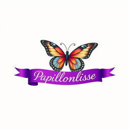 A logo design featuring a beautifully detailed butterfly wrapped in a flowing ribbon, which elegantly displays the name 'Papillonlisse' in a rich purple color