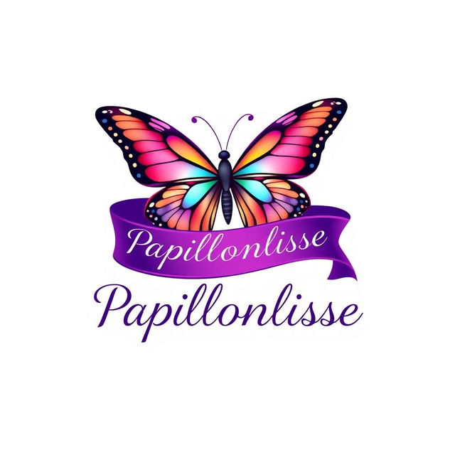 A logo design featuring a beautifully detailed butterfly wrapped in a flowing ribbon, which elegantly displays the name 'Papillonlisse' in a rich purple color