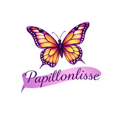 A logo design featuring a beautifully detailed butterfly wrapped in a flowing ribbon, which elegantly displays the name 'Papillonlisse' in a rich purple color