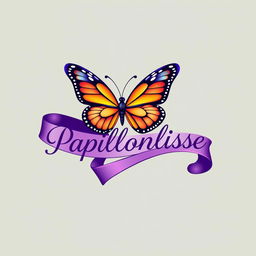 A logo design featuring a beautifully detailed butterfly wrapped in a flowing ribbon, which elegantly displays the name 'Papillonlisse' in a rich purple color