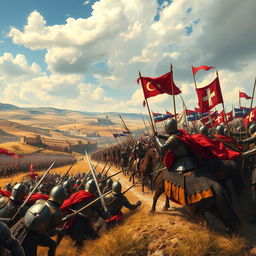A dramatic and vivid portrayal of the Crusades, showcasing a grand battlefield scene with knights in shining armor, flags waving, and horses charging