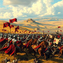 A dramatic and vivid portrayal of the Crusades, showcasing a grand battlefield scene with knights in shining armor, flags waving, and horses charging