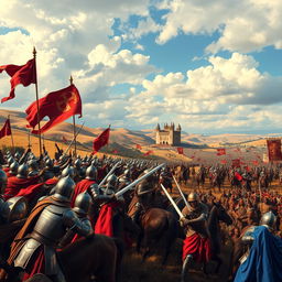 A dramatic and vivid portrayal of the Crusades, showcasing a grand battlefield scene with knights in shining armor, flags waving, and horses charging