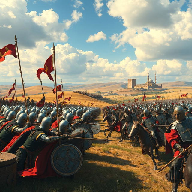 A dramatic and vivid portrayal of the Crusades, showcasing a grand battlefield scene with knights in shining armor, flags waving, and horses charging