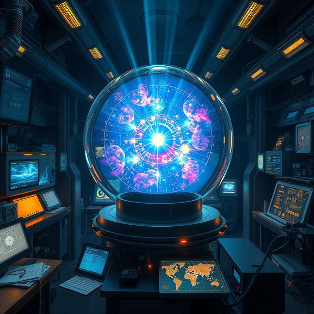 An ethereal scene set in a futuristic laboratory, depicting a brilliant star contained within a transparent glass sphere, glowing with vibrant colors of blue, purple, and gold