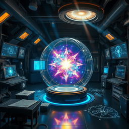 An ethereal scene set in a futuristic laboratory, depicting a brilliant star contained within a transparent glass sphere, glowing with vibrant colors of blue, purple, and gold