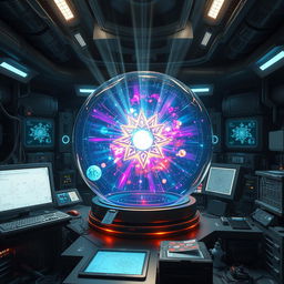 An ethereal scene set in a futuristic laboratory, depicting a brilliant star contained within a transparent glass sphere, glowing with vibrant colors of blue, purple, and gold