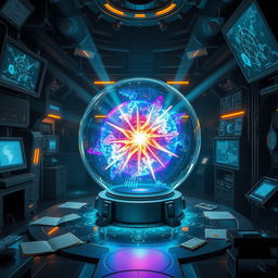 An ethereal scene set in a futuristic laboratory, depicting a brilliant star contained within a transparent glass sphere, glowing with vibrant colors of blue, purple, and gold