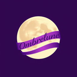 A logo design featuring a full moon wrapped in a flowing ribbon that elegantly displays the name 'Ombrelune' in a striking purple color