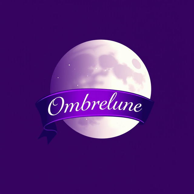 A logo design featuring a full moon wrapped in a flowing ribbon that elegantly displays the name 'Ombrelune' in a striking purple color