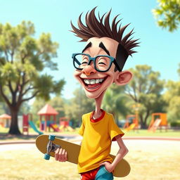 A funny caricature of a skinny kid, with exaggerated features such as a large head and oversized glasses, wearing a bright colorful t-shirt and shorts