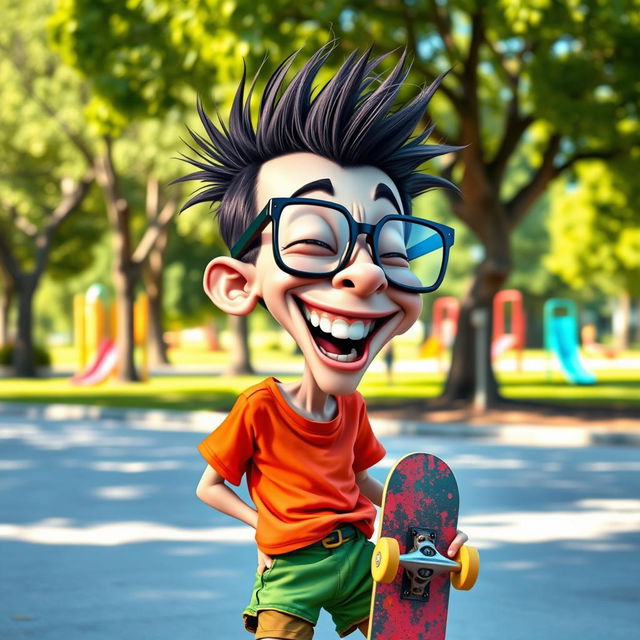 A funny caricature of a skinny kid, with exaggerated features such as a large head and oversized glasses, wearing a bright colorful t-shirt and shorts