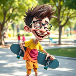 A funny caricature of a skinny kid, with exaggerated features such as a large head and oversized glasses, wearing a bright colorful t-shirt and shorts