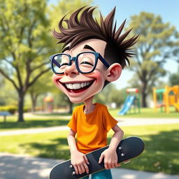 A funny caricature of a skinny kid, with exaggerated features such as a large head and oversized glasses, wearing a bright colorful t-shirt and shorts