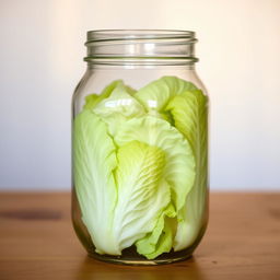 A clear glass jar filled with fresh, vibrant cabbage