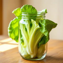 A clear glass jar filled with fresh, vibrant cabbage
