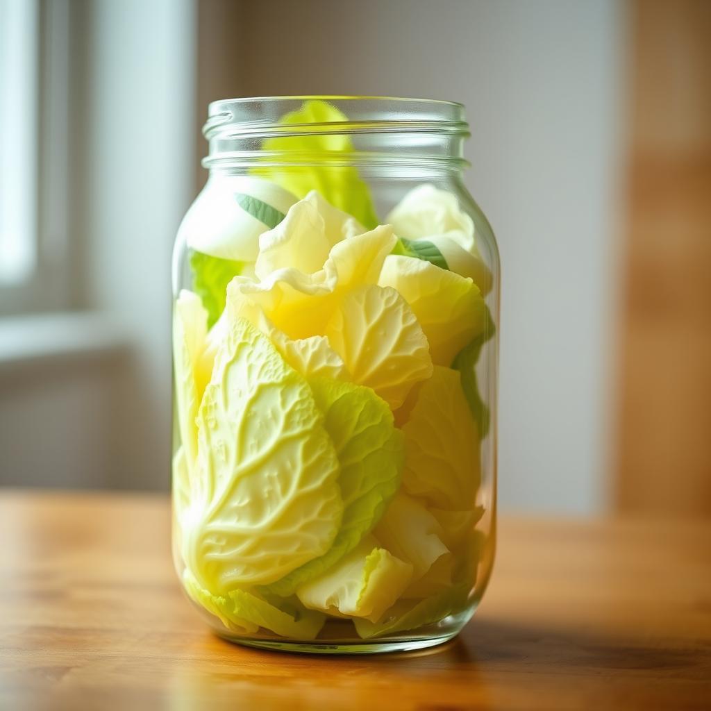 A clear glass jar filled with fresh, vibrant cabbage