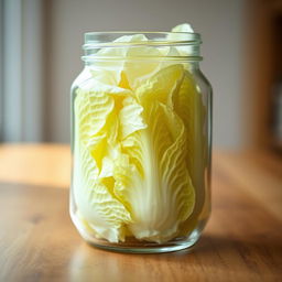 A clear glass jar filled with fresh, vibrant cabbage