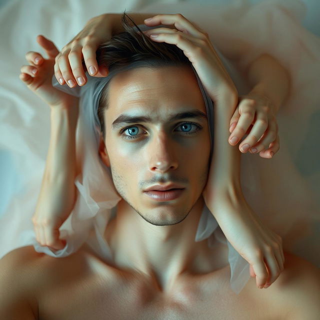 A surreal artistic representation where a person's face is seamlessly attached to various body parts floating around, all portrayed without clothing