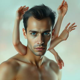 A surreal artistic representation where a person's face is seamlessly attached to various body parts floating around, all portrayed without clothing