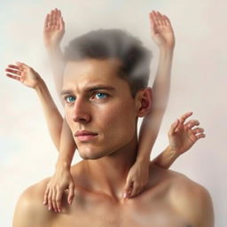 A surreal artistic representation where a person's face is seamlessly attached to various body parts floating around, all portrayed without clothing