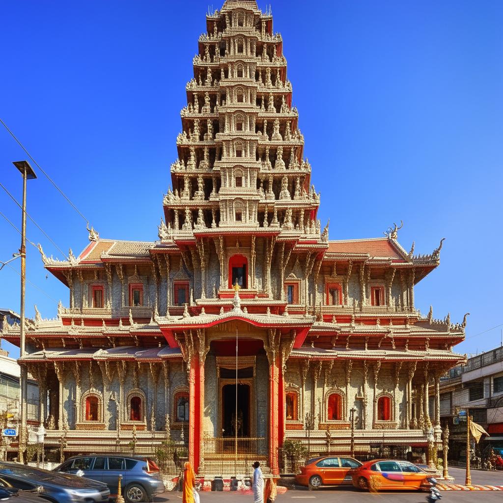 The front elevation of a magnificent temple, located beside a busy road under a clear blue sky