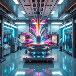 A high-tech plasma discharge laboratory designed for fusion research, featuring sleek, metallic equipment, glowing plasma streams, and complex machinery